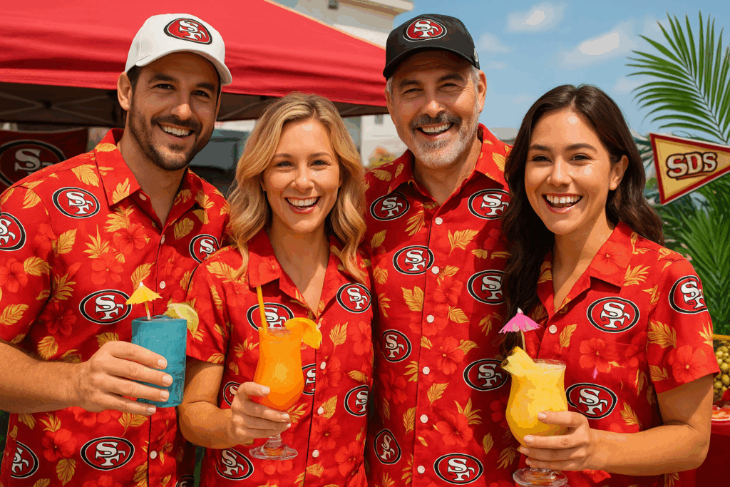 Happy 49ers fans wearing matching Hawaiian shirts
