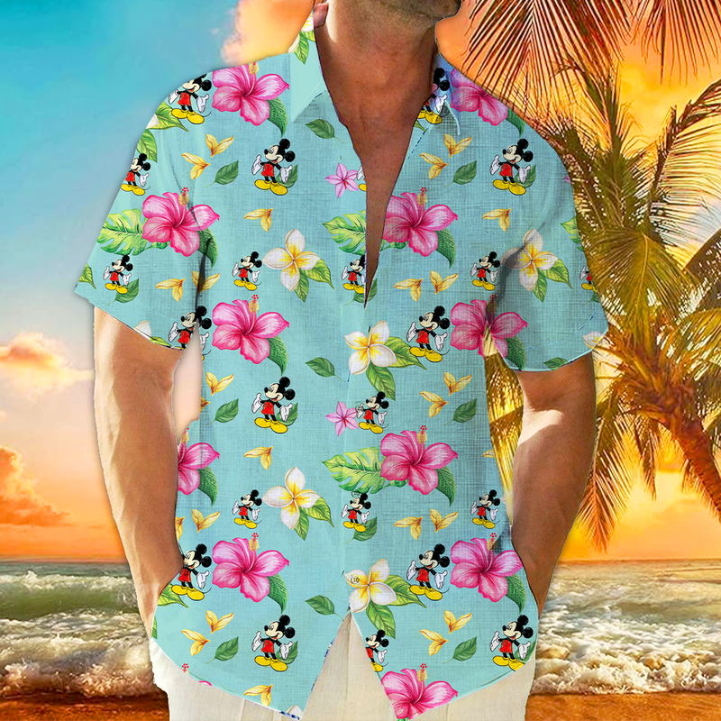 Disney Men's hawaiian shirt, retro blue, hawaii floral and mickey mouse