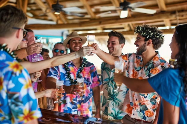 A group of men are celebrating with one wearing a hawaiian shirt | Premium  AI-generated image