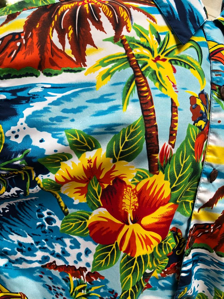 Hawaiian Vintage Collection Aloha Hawaii Tropical Shirt Palm Trees Blue Ocean  Hibiscus Flowers Polynesian Outrigger Boat Large Summer Tiki