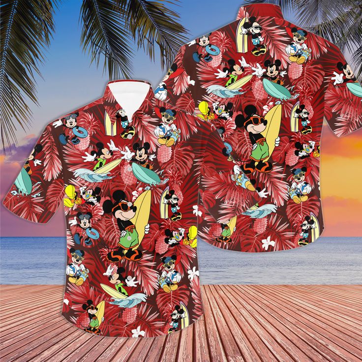 Mickey Mouse Surfing Red Patterns Summer Tropical Disney Hawaiian Shirt