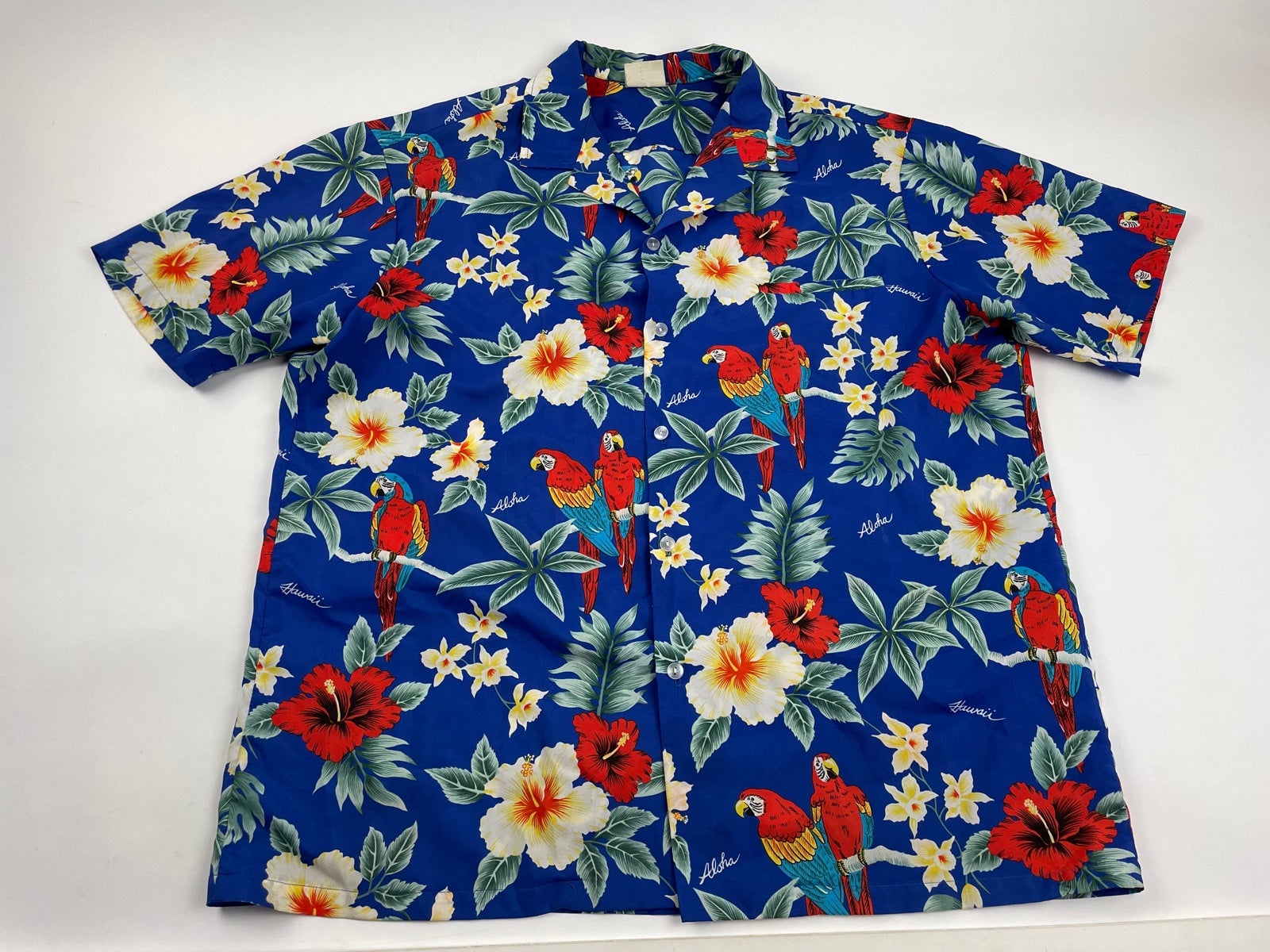 Vtg Hawaiian Shirt Parrots Hibiscus Flowers Adult Large no tag Floral Polyester