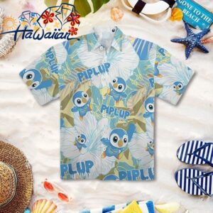 Pkm Piplup Flowers Pattern Hawaiian Shirt Monster With Crown Button Up Shirt 1