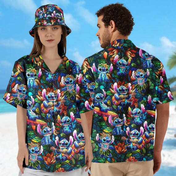 Lilo and Stitch Aloha Summer Vacation Hawaiian Shirt, Stitch Floral and Leaves Hawaii Shirt, Cartoon Character All Over Print Button Up - Etsy