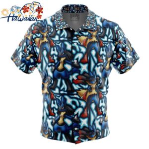 Lucario x Mega Lucario Pokemon Button Up Hawaiian Shirt 1