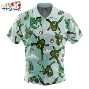 Rayquaza Pattern Pokemon Button Up Hawaiian Shirt 1