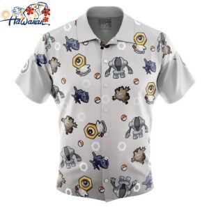 Steel Type Pattern Pokemon Button Up Hawaiian Shirt 1