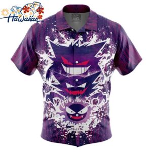 Trippy Ghostly Evolution Gastly Haunter Gengar Pokemon Button Up Hawaiian Shirt 1