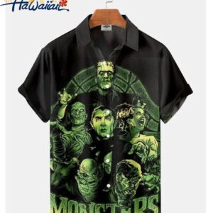 Horror Movie Vampire Frankenstein Monster Printed Hawaiian Buttoned Lapel Shirt 1