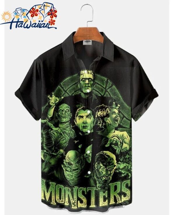 Horror Movie Vampire Frankenstein Monster Printed Hawaiian Buttoned Lapel Shirt 1