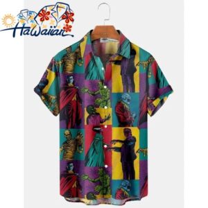Horror Movie Frankenstein Vampire Mummy Printed Hawaiian Buttoned Lapel Shirt 1