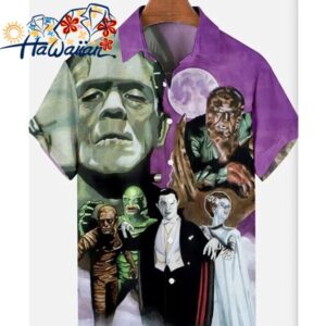 Vampire Frankenstein Bride Wolfman Halloween Hawaiian Buttoned Shirt Lapel Top 1