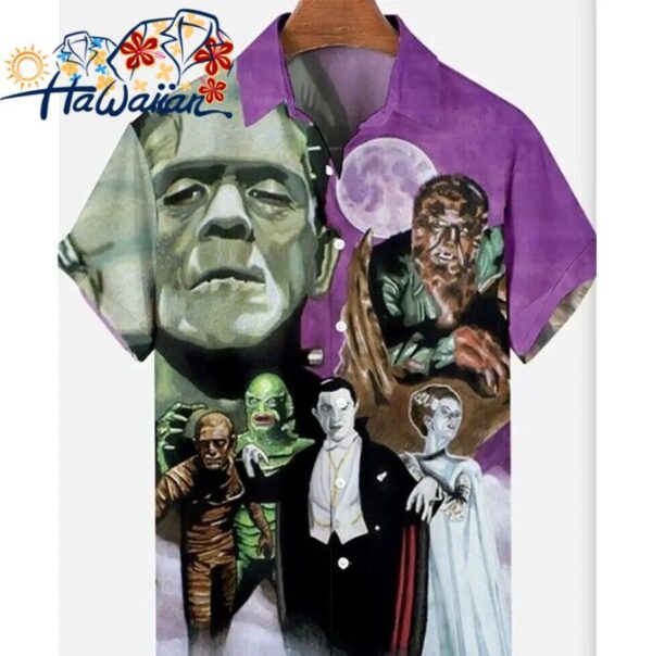 Vampire Frankenstein Bride Wolfman Halloween Hawaiian Buttoned Shirt Lapel Top 1