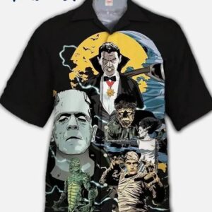 Horror Movie Vampire Frankenstein Monster Printed Hawaiian Buttoned Lapel Shirt 1 1