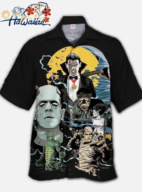 Horror Movie Vampire Frankenstein Monster Printed Hawaiian Buttoned Lapel Shirt 1 1
