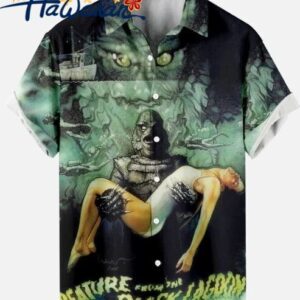 Retro Horror Movie Creature The Black Lagoon Hawaiian Button Up Lapel Shirt Tops 1