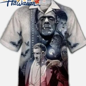 Horror Movie Vampire Frankenstein Monster Printed Hawaiian Buttoned Lapel Shirt 1 2