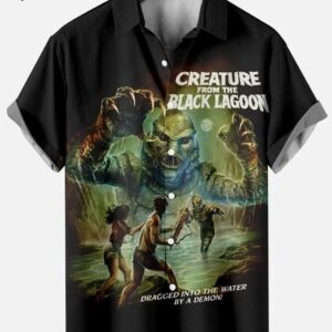 Retro Horror Movie Creature The Black Lagoon Hawaiian Button Up Lapel Shirt Tops 1 2