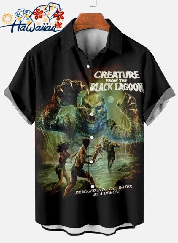 Retro Horror Movie Creature The Black Lagoon Hawaiian Button Up Lapel Shirt Tops 1 2