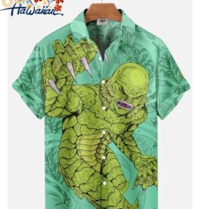 Retro Movie Character Monster Creature Printed Unisex Hawaiian Button Up Shirt 1