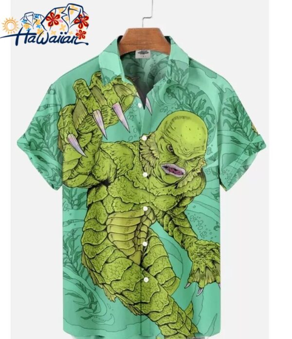 Retro Movie Character Monster Creature Printed Unisex Hawaiian Button Up Shirt 1