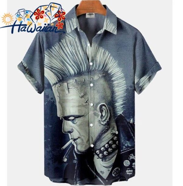 Classic Movie Punk Frankenstein Halloween Print Unisex Buttoned Hawaiian Shirt 1