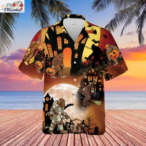 Bigfoots Play In Halloween Night Unisex Hawaiian Shirt Summer Shirt Full Size 1