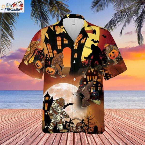 Bigfoots Play In Halloween Night Unisex Hawaiian Shirt Summer Shirt Full Size 1