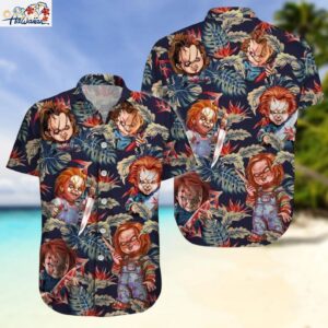 Horror Chucky Doll Holding Blood Knife Tropical Leaves Halloween Hawaiian Shirt 1