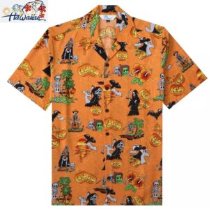 Alvish Mens Halloween Hawaiian Shirt Pumpkins Button Down Skull Horror Shirts 1