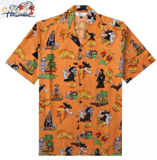 Alvish Mens Halloween Hawaiian Shirt Pumpkins Button Down Skull Horror Shirts 1