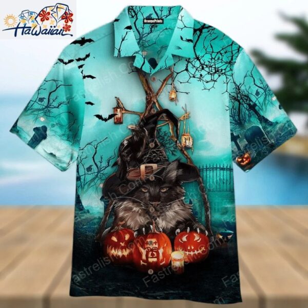 Black Cat And Pumkin Happy Halloween Aloha Hawaiian Shirt 1