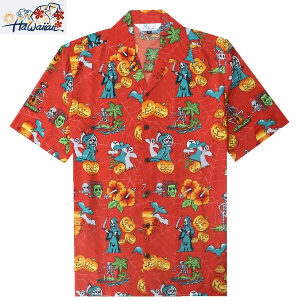 Alvish Mens Halloween Hawaiian Shirt Pumpkins Button Down Skull Horror Shirts 26
