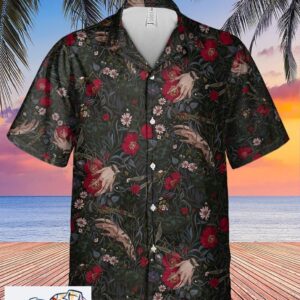 Devils Hand Amidst Horror Florals Black Mens Hawaiian Shirt Trendy Aloha 1