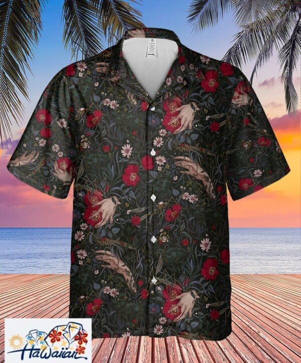 Devils Hand Amidst Horror Florals Black Mens Hawaiian Shirt Trendy Aloha 1