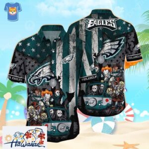 Horror Halloween Characters NFL Philadelphia Eagles Hawaiian Shirt Trendy Aloha 1