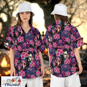 Neon Floral Horror Characters Hawaiian Horror Shirt Exclusive Trendy Aloha 1
