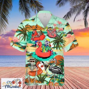2023 Beach Party Flamingo Skeletons Funny Print Hawaiian Shirt Trendy Aloha 1