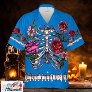 Awesome Blue Skeleton Flowers Halloween Premium Hawaiian Shirt Trendy Aloha 1