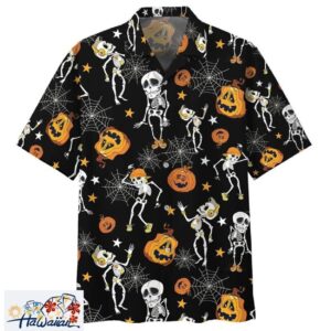 Dancing Skeletons and Pumpkins Black Premium Hawaiian Halloween Trendy Aloha 1