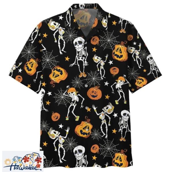 Dancing Skeletons and Pumpkins Black Premium Hawaiian Halloween Trendy Aloha 1