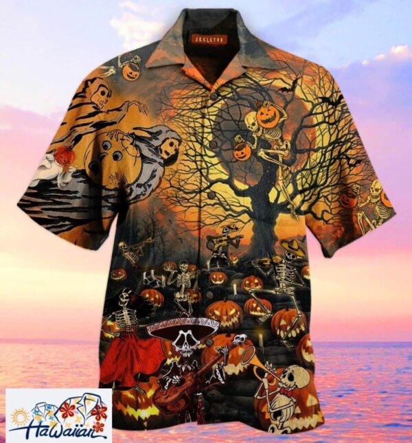 Ghosh Skeletons Pumpkin Field Halloween Premium Hawaiian Shirt Trendy Aloha 1