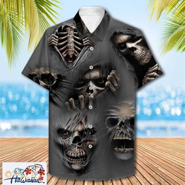 Grey Scary Skull Ghosts Skeletons Premium Halloween Hawaiian Top Trendy Aloha 1