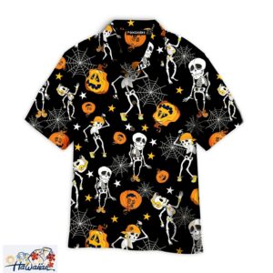 Halloween Skeletons Dancing With Pumkins Pattern Trendy Hawaiian Shirt Trendy Aloha 1