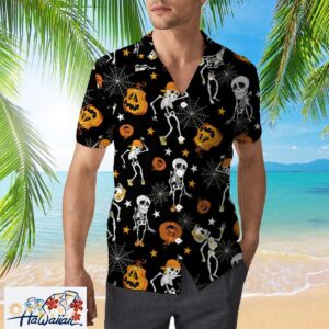 Halloween Skeletons Dancing With Pumkins Pattern Trendy Hawaiian Shirt Trendy Aloha 4