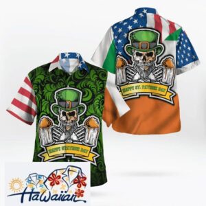 Hawaiian Aloha Shirts American Irish Flag With Celtic Cross Drinking Skeleton Hawaii Shirt Gift For Irish Trendy Aloha 1