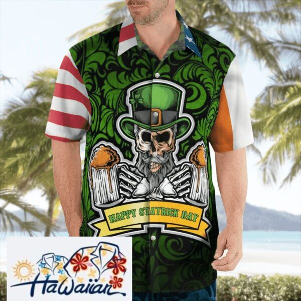 Hawaiian Aloha Shirts American Irish Flag With Celtic Cross Drinking Skeleton Hawaii Shirt Gift For Irish Trendy Aloha 2
