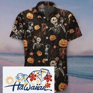 Hawaiian Shirt with Halloween Skeleton and Pumpkin for Festive Days Trendy Aloha 1