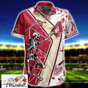 Mlb Arizona Diamondbacks Red Gold Dancing Skeleton Trendy Hawaiian Shirt Aloha Shirt Trendy Aloha 1