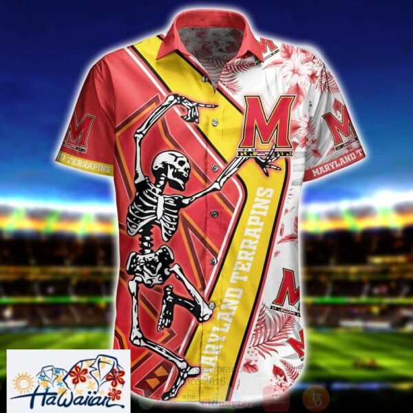 Ncaa Maryland Terrapins Skeleton Red Yellow Trendy Hawaiian Shirt Aloha Shirt Trendy Aloha 1